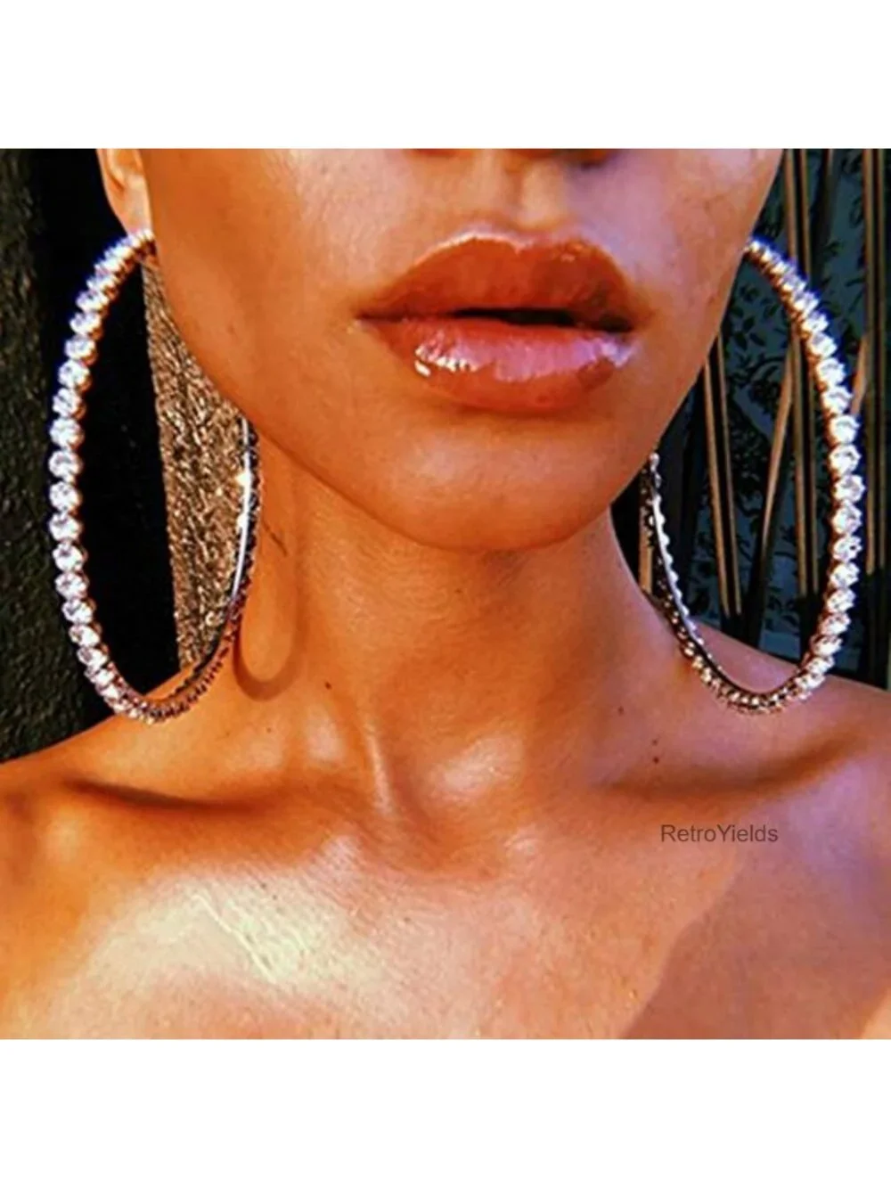 Extra Large Crystal Rhinestone Hoop Earrings Thin Statement Dangle Drop Silver